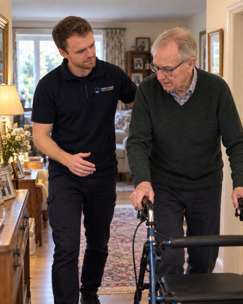 A South Coast Home Physiotherapy physiotherapist walking with a client outside her home