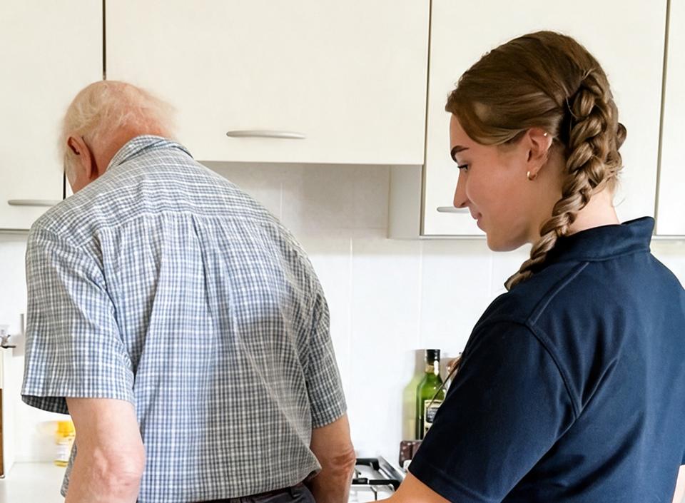 Chloe Dimmer guiding a balance exercise in the kitchen