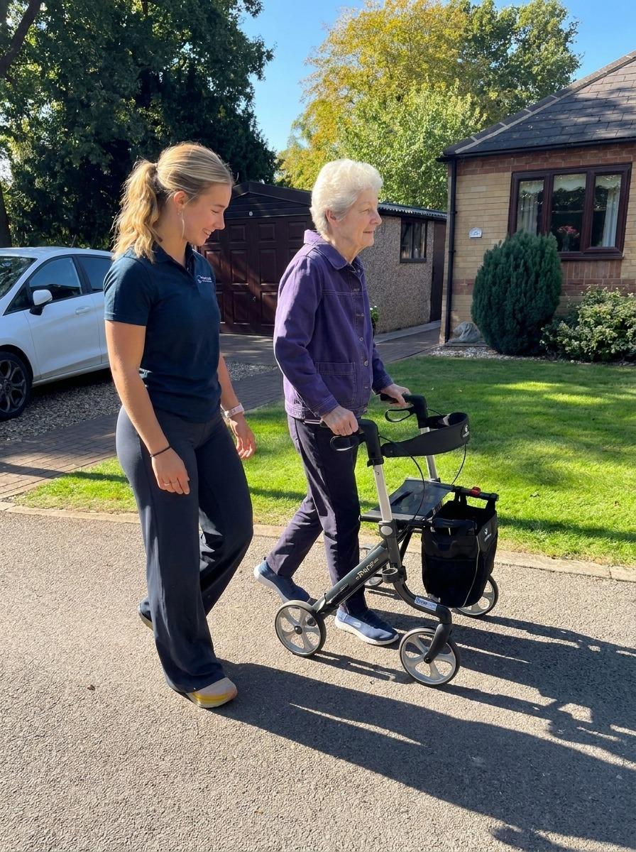 An outdoor walk with a rollator alongside a physiotherapist