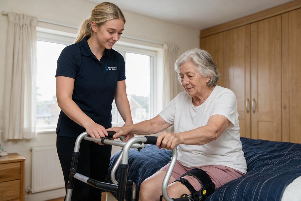 Physiotherapist helping a client stand with a walking frame after a hospital stay in Andover
