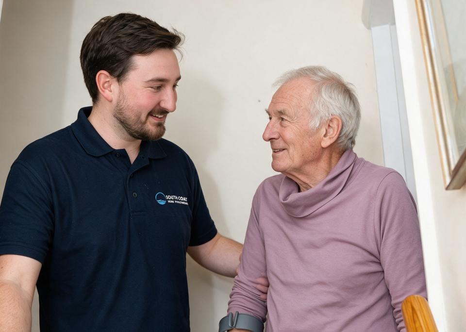 A South Coast physiotherapist supporting a client during a home visit in Andover
