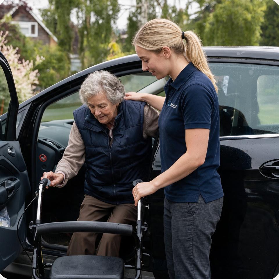 A physiotherapist helping an older lady from her car with a rollator