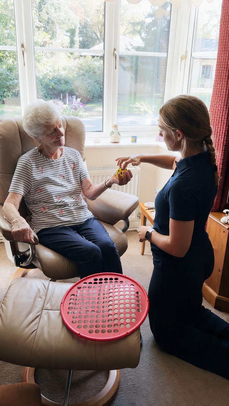 Hand therapy exercises with an older client at home