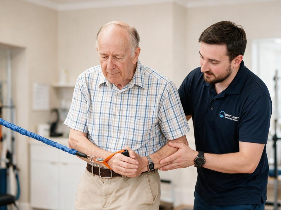 A physiotherapist supporting an older man through resistance exercises