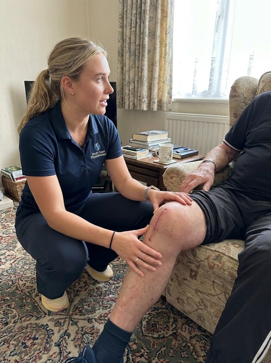 A physiotherapist checking a healed knee replacement scar at home