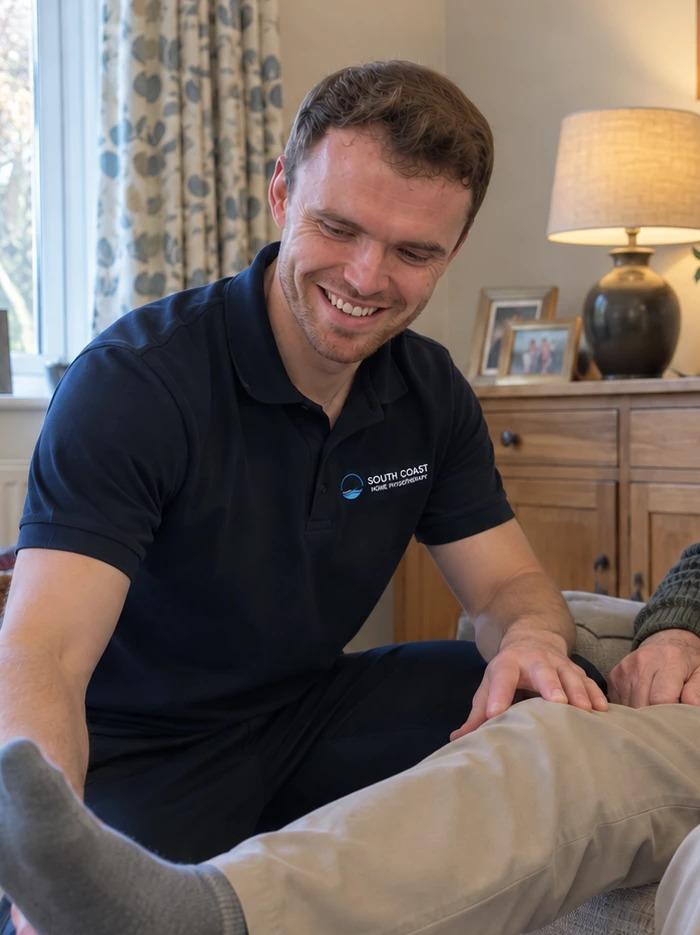 Cameron Temperley helping a client with knee exercises at home